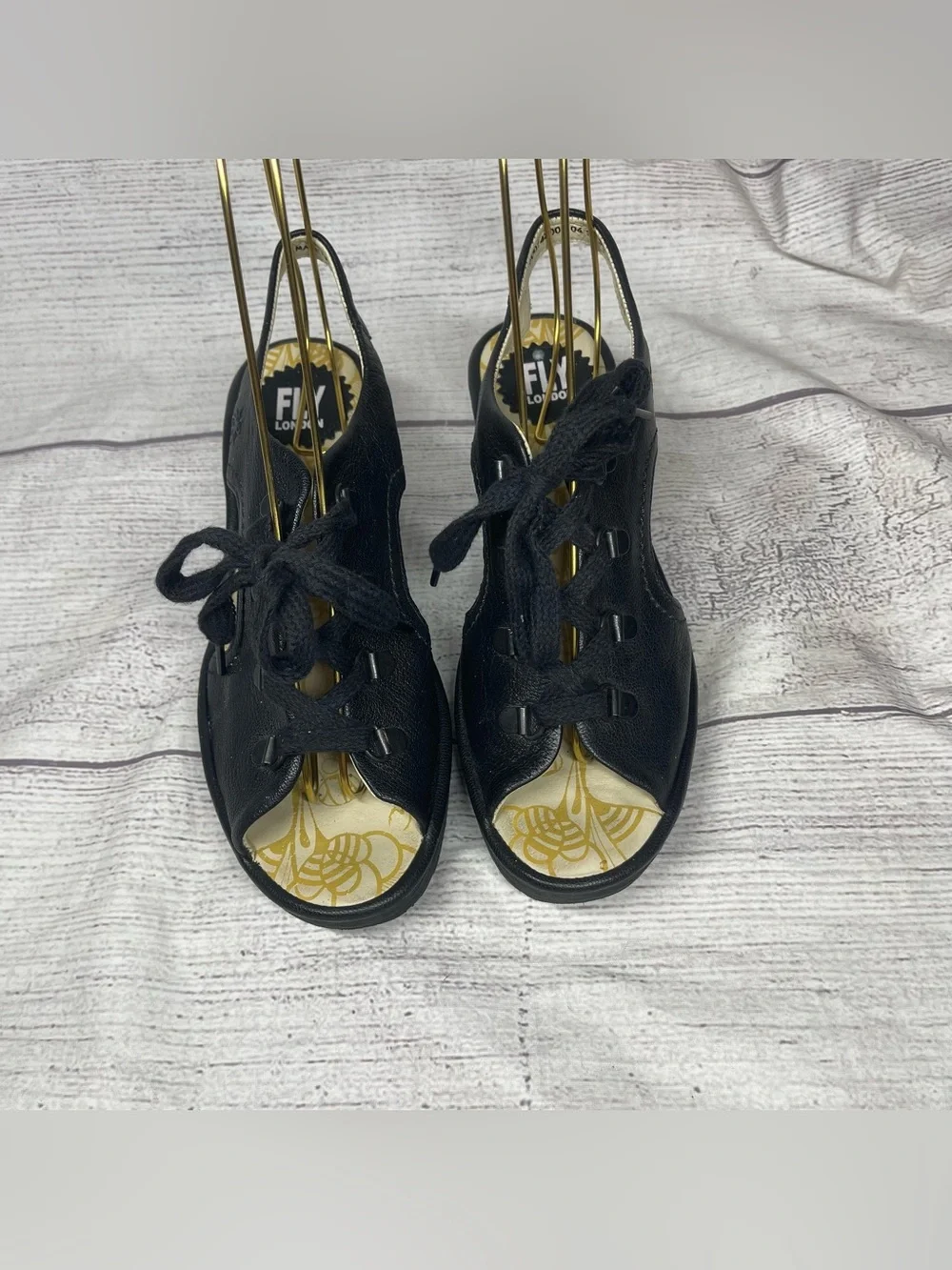 Fly London Women’s 7 (38) Ylfa Black Leather Lace Up Wedge Sandals